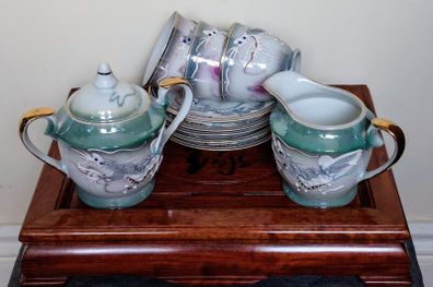 Vintage Japanese Geisha Moriage Lithophane  Coffee Set