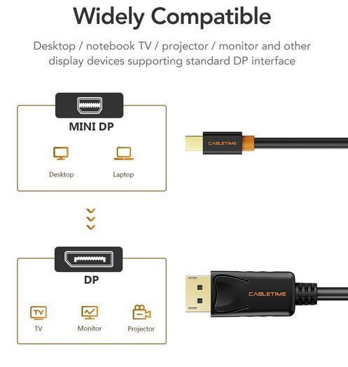Cabletime 2M Mini DisplayPort to DisplayPort v1.2 Male (4K@60Hz) (Video-Audio) (Gold-Plated) Cable (Brand New/Warranty)