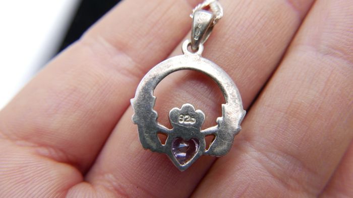 Vintage Amethyst Claddagh Irish Symbol, 925 Sterling Silver Heart Crown and Hands; 925 Irish Symbol Pendant Necklace with Amethyst 18"