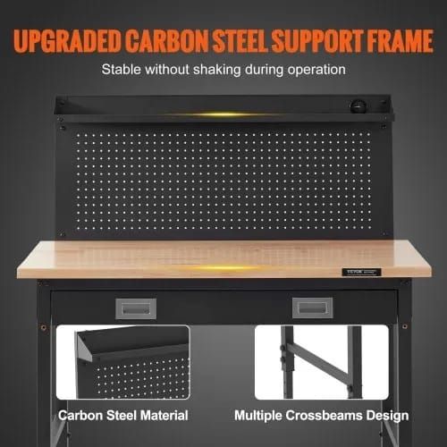 Workbench Adjustable Height 28-39.5" Work Bench For Garage Oak Plank & Carbon Steel Heavy Duty Workbench 2000lbs Weight Capacity Bench top Size 48x24" Hardwood Workbench 3m Cable 30 Hooks