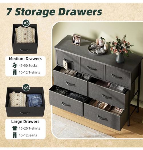 Chest of Drawers for Bedroom with 7 Drawers, Fabric Storage Drawer, Tall Black Hallway Storage Unit