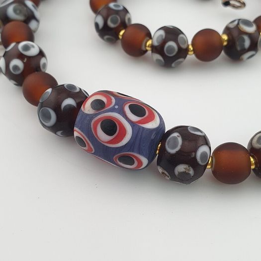Antique Venetian African Style Skunk Eyes & Brown Glass Beads Necklace