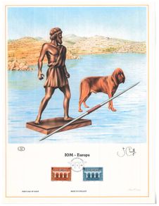 1984 Isle of Man Limited Edition Lithographed Print measuring 333mm X 257mm showing Europa 25th Anniversary Logo Commemorative Stamps with First Day of Issue Cancel