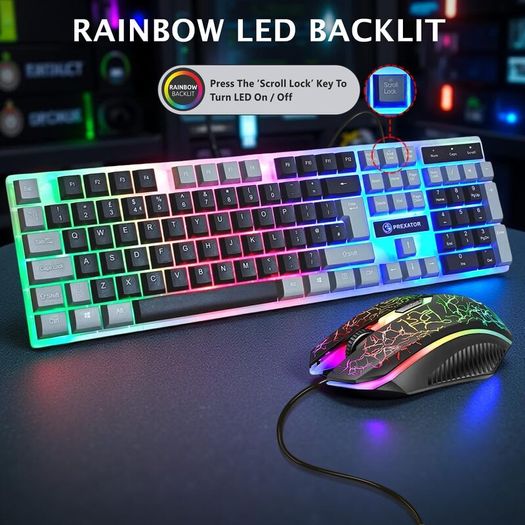 USB Wired Keyboard and Mouse Set, Luminous LED Lights, Full Size Slim Keyboard, LED Gaming Mouse, Game or Business, UK Layout, For PC, Laptop, Windows And Mac, PS4, PS5, Xbox One, etc (Retro)