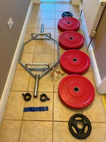 20kg Olympic Hex Shrug Deadlift Bar + Olympic Bumper Weights, Collars!