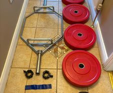 20kg Olympic Hex Shrug Deadlift Bar + Olympic Bumper Weights, Collars!