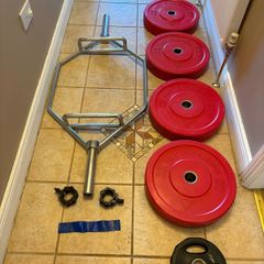20kg Olympic Hex Shrug Deadlift Bar + Olympic Bumper Weights, Collars!