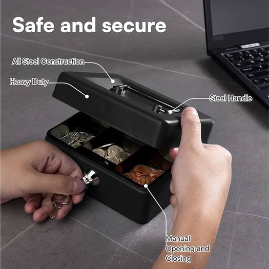 NEW SALE | Money Box with Key - 6 inch Money Tin with Lock - Small Lockable Cash Box with Coin Tray for Petty Cash Coins Notes - Locking Metal Safe Box with 2 Keys - Black Matt