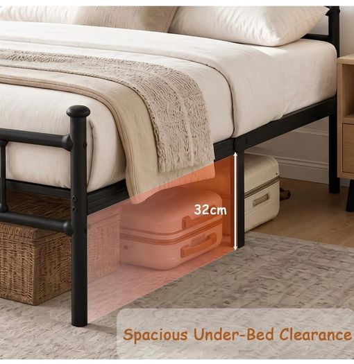 4ft6 Double Bed Frame Heavy Duty Steel Bed with Headboard and Footboard Black Metal Slat Support and 32cm Underbed Storage Space Easy Assembly, No Box Spring Needed, Platform Noise-Free