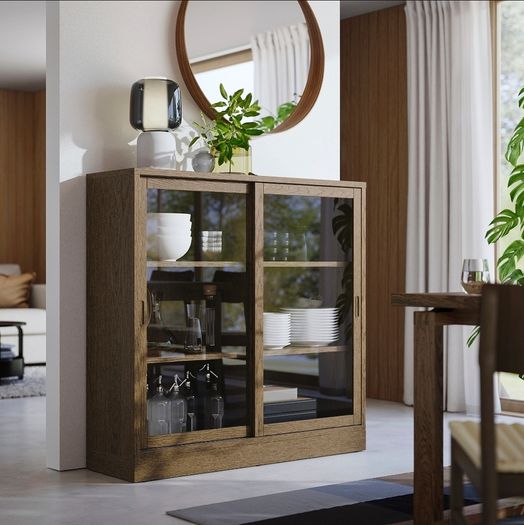 Ikea Cabinet with sliding glass doors, oak veneer 121x37x120 cm