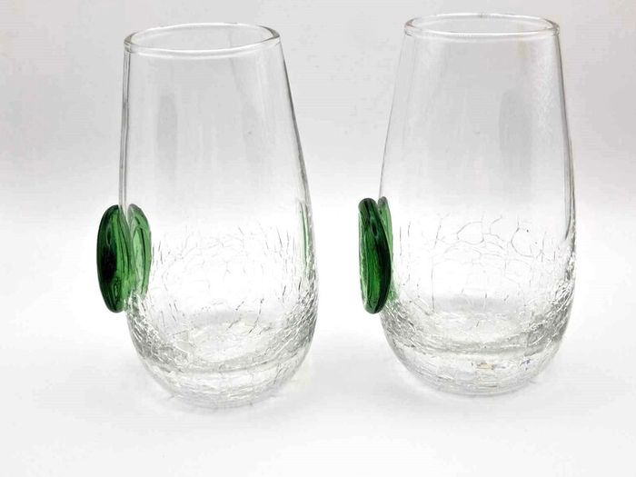Clear Crackle Shot Glass with Applied Green Glass Medallion