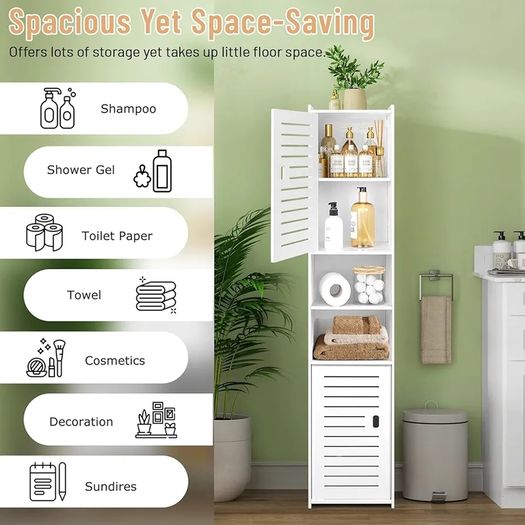 Tall Bathroom Storage Cabinet, Floor Free Standing Display Cabinet, Slim Storage Furniture Organizer Unit for Office Living Room Kitchen Entryway Toilet Paper, White
