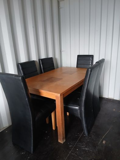 Dining Room Table with 6 leather chairs. Office table and leather office chair. All in good condition. Need gone asap.