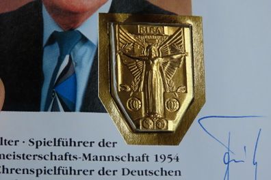 West Germany 1954 Football World Cup winning captain Fritz Walter hand signed Gold gilt medal stamp cover Italia 90