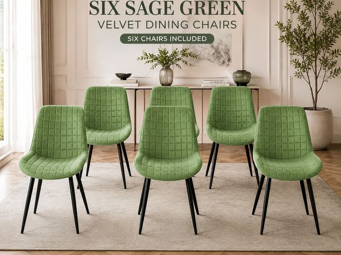 Set of 6 Sage Green Velvet Dining Chairs Upholstered Kitchen Dining Room Chairs