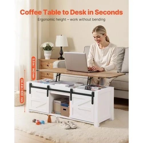 1200 mm Farmhouse Lift Top Coffee Table, Rustic Center Table with Barn Door and Hidden Storage Compartment, Modern Rectangle Lifting Tabletop
