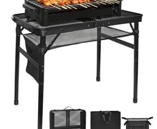 Portable Folding Grill BBQ Tables, Folding Grill Table,Height Adjustable Aluminium Camping Table with Resistant Mesh Desktop for Outside, Picnic, Dining, Party, 60 cm x 40 cm, Black
