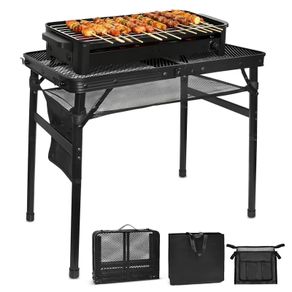 Portable Folding Grill BBQ Tables, Folding Grill Table,Height Adjustable Aluminium Camping Table with Resistant Mesh Desktop for Outside, Picnic, Dining, Party, 60 cm x 40 cm, Black