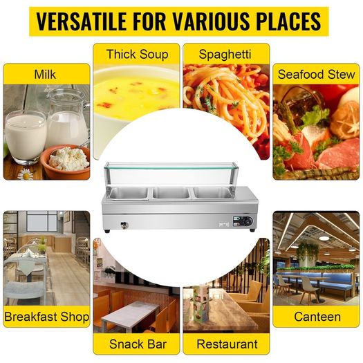 Buffet Food Warmer Stainless Steel 3-6 Pans with Glass Shield Commercial Countertop Bain Marie Electric Steamer Cooker