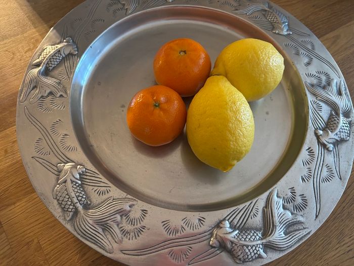 Large Decorative Pewter Dish with Koi Fish Engraving