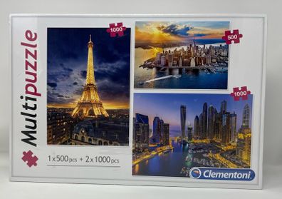 Clementoni Multi-puzzzle jigsaw. 500 piece New York (49X36cm), 1000 piece Dubai (69X50cm) & 1000 piece Paris (69X50cm). New and sealed.