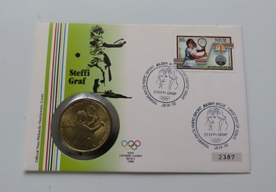 Steffi Graf 5 Dollars Tennis 1987 BUNC coin & stamp cover