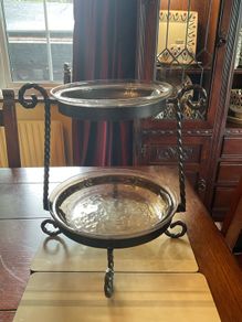 Genesis of Mullingar  Reduced.   Afternoon  tea server .bronze stand 11inches tall with two glass dishes .last one
