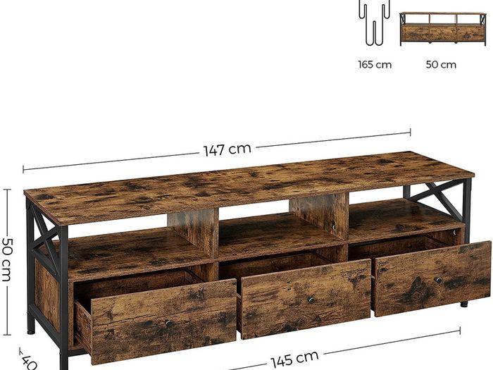 Lowboard TV Cabinet for TVs up to 65 Inches, 3 Drawers, 147 x 40 x 50 cm, Industrial Design, Steel Frame, Vintage Brown/Black