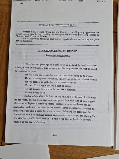 Robin Hood Prince Of Thieves movie press kit