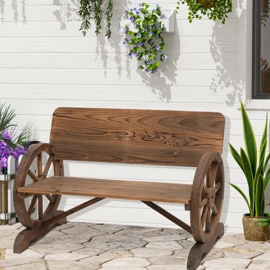 Wooden Cart Wagon Wheel 2 Seater Garden Bench Outdoor Garden Armrest Chair Rustic High Back Loveseat (FREE POSTAGE)