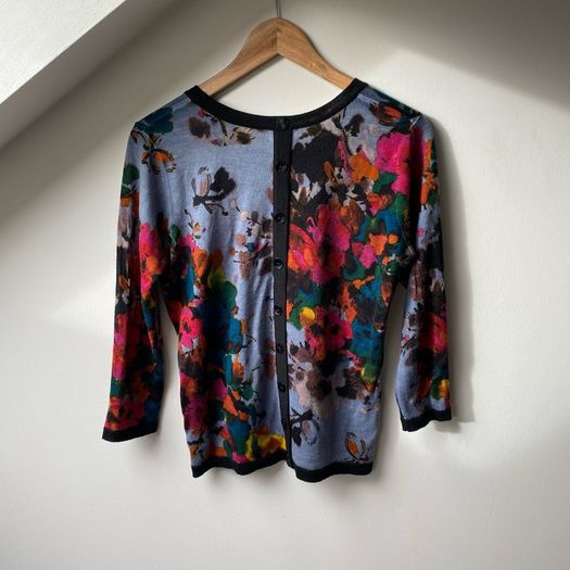 Kenar Blue Floral 100% Merino Wool Knit Jumper Sweater 3/4 Sleeve Size M UK 10