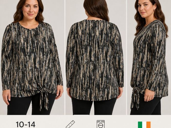 Abstract Print Long Sleeve Tie-Side Blouse  Black, Beige & Grey