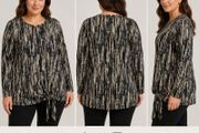 Abstract Print Long Sleeve Tie-Side Blouse  Black, Beige &amp; Grey