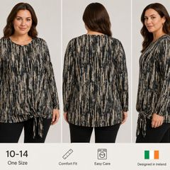 Abstract Print Long Sleeve Tie-Side Blouse  Black, Beige & Grey