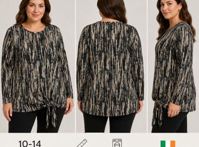 Abstract Print Long Sleeve Tie-Side Blouse  Black, Beige & Grey