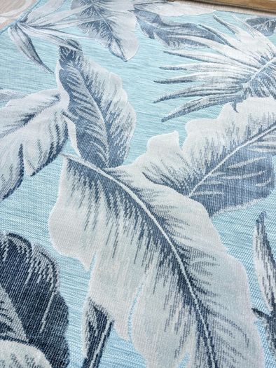 New 115cm x 170cm raised pile leaf tropical outdoor/indoor rug in distressed blue, grey and navy