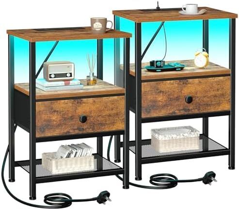 Bedside Table Set of 2 with Charging Station, Small Side Table with LED Lights, Nightstand