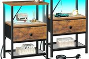 Bedside Table Set of 2 with Charging Station, Small Side Table with LED Lights, Nightstand