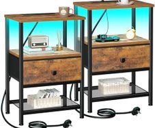 Bedside Table Set of 2 with Charging Station, Small Side Table with LED Lights, Nightstand