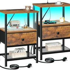Bedside Table Set of 2 with Charging Station, Small Side Table with LED Lights, Nightstand