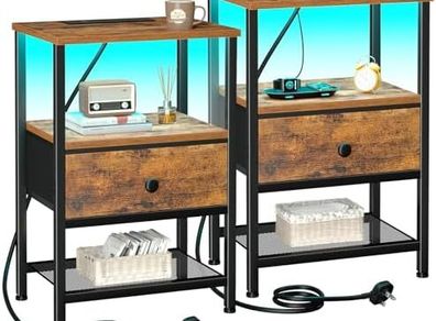 Bedside Table Set of 2 with Charging Station, Small Side Table with LED Lights, Nightstand