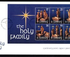 1999 Guernsey Christmas Wood Carvings by Denis Brehaut from Notre Dame Church Miniature Sheet Commemorative Stamps Official First Day Cover (FDC)