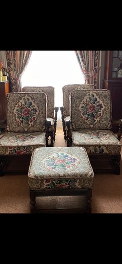 Ercol Victorian Tapestry Revival Old Colonial Yorshire Tall back Armchairs Set