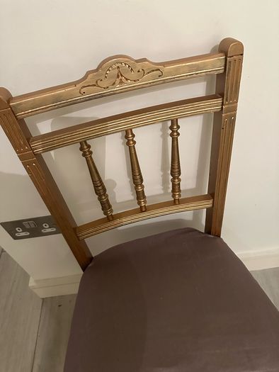 Antique chair wood painted gold with taupe silk type cover