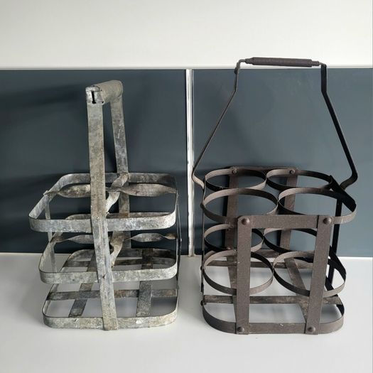 Vintage French metal bottle carrying crates