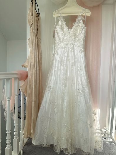 French Inspired V Neck Lace Embroidered A Line Bridal Gown