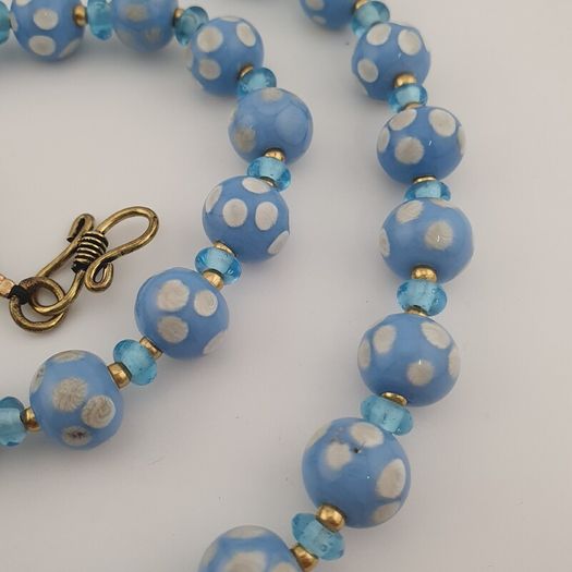 Vintage Venetian Style Light Blue White Dotted Glass Beads Necklace
