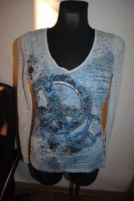 Rocker Girl grey printed V-neck long sleeve top size M UK10 EU38 Postage included