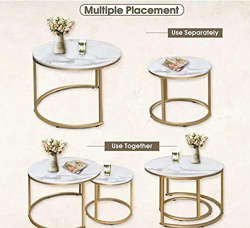 Round Coffee Tables, Removable Set of 2 End Table, Nesting Tables with Gold Metal Frame Legs and Marble White Top for Living Room, Bedroom, Office, Balcony, Apartment (White)