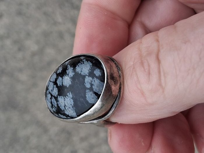 Midcentury Snowflake Obsidian Sterling Silver Ring